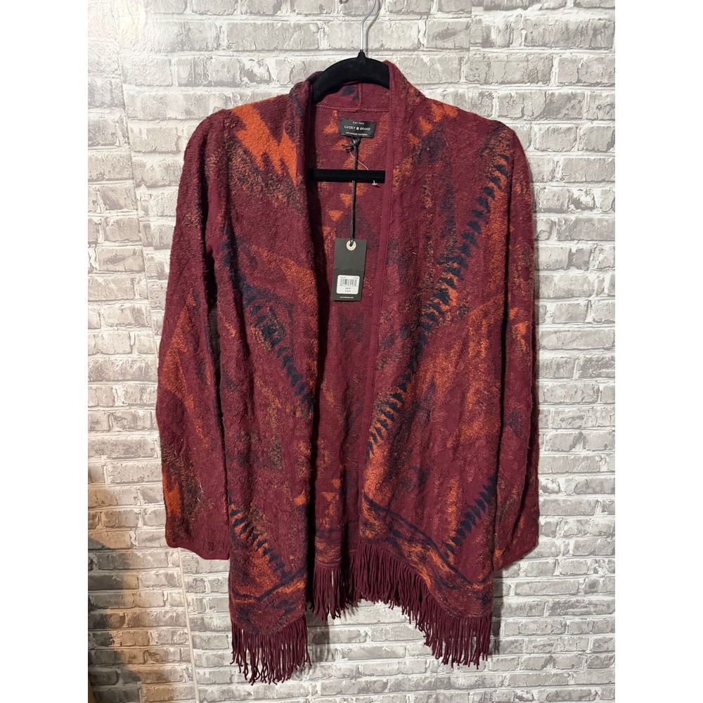 Lucky Brand Womens Southwestern Fringe Open Front Cardigan Burgundy Orange XS NW
